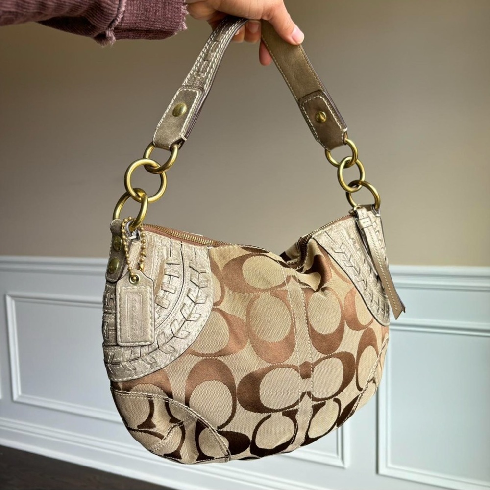 Coach Brown and Tan Signature Shoulder Bag